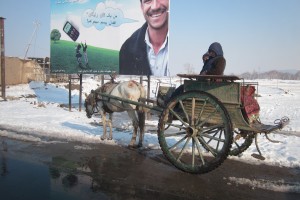 kar met ezel en billboard, een mooi contrast